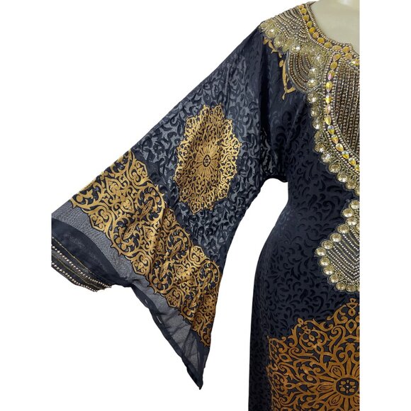 Embellished Black & Gold Kaftan Dress W/ Intricate Beading & Tie-Back Waist Sz M - Picture 8 of 12